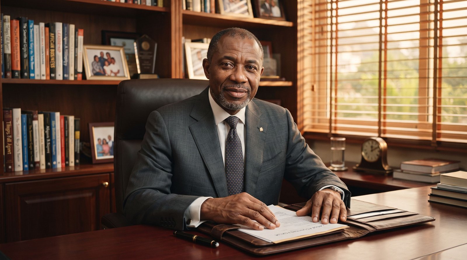 A Nigerian founder seated at his mahogany desk in a book-lined home office.