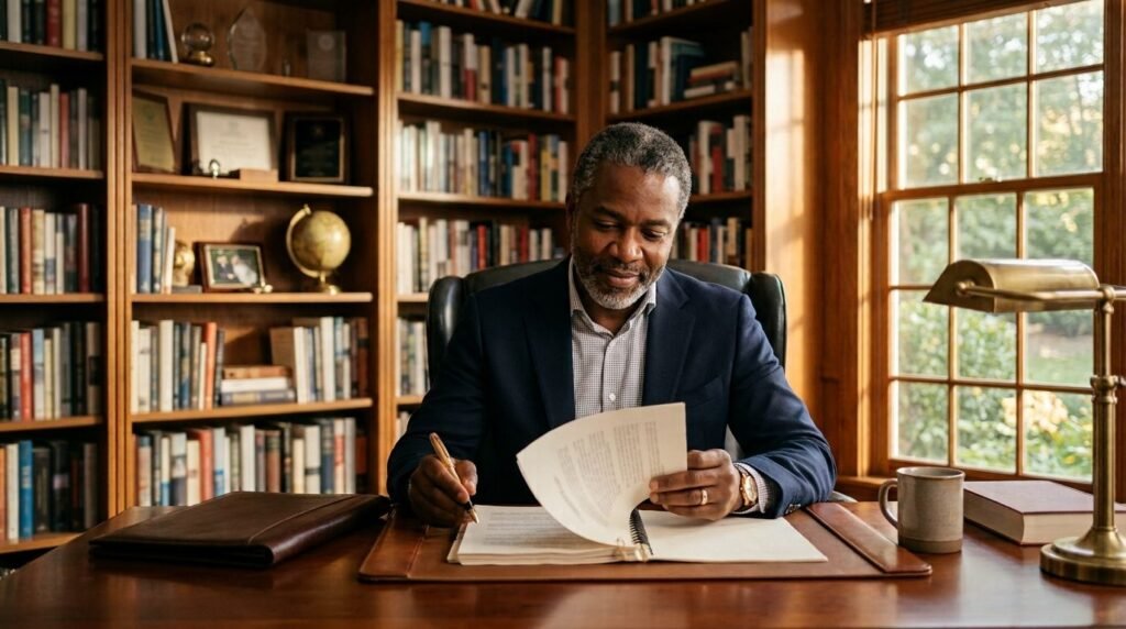 A Nigerian founder reviewing a bound trust document at his desk in a book-lined home office.