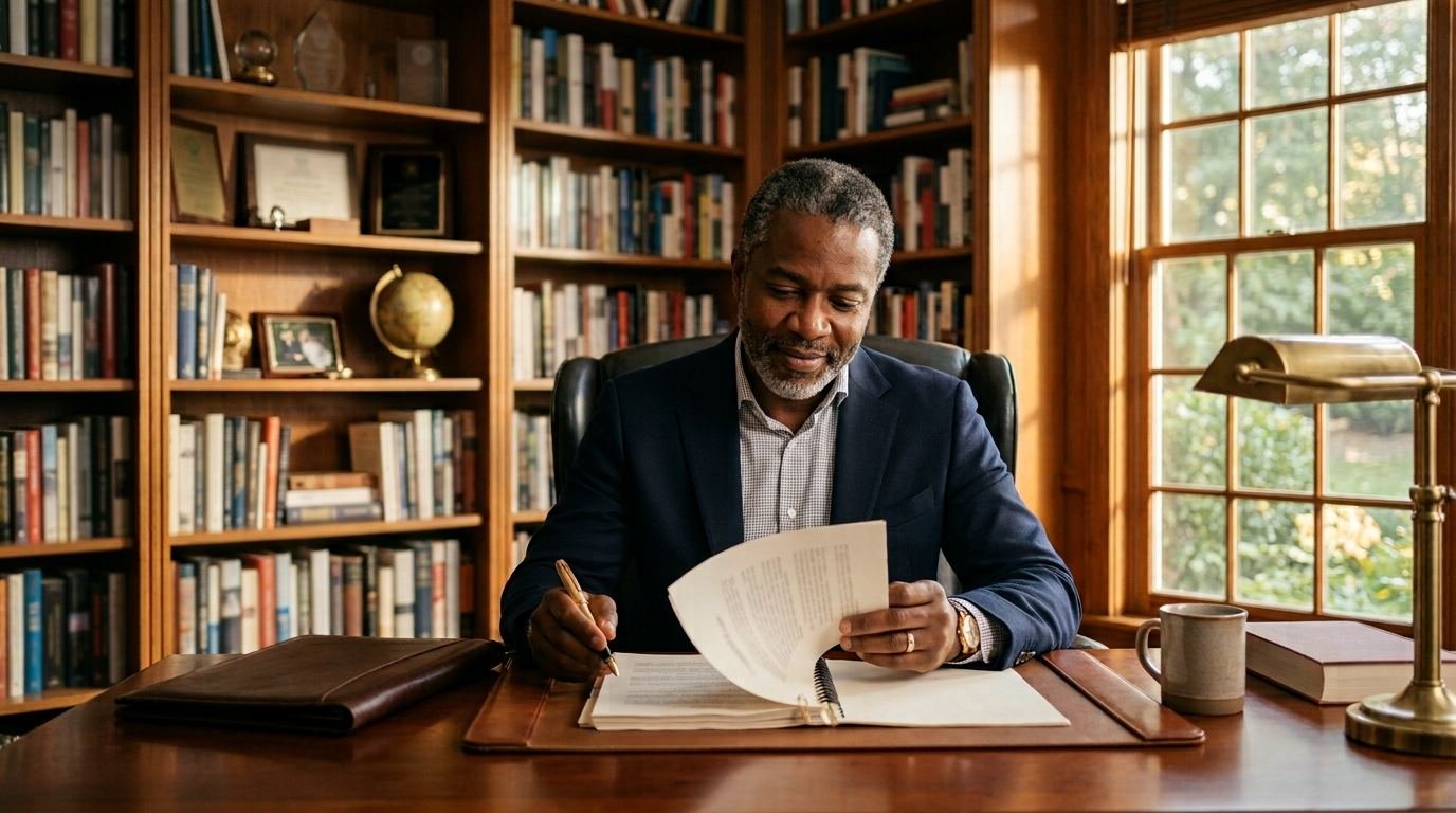 A Nigerian founder reviewing a bound trust document at his desk in a book-lined home office.