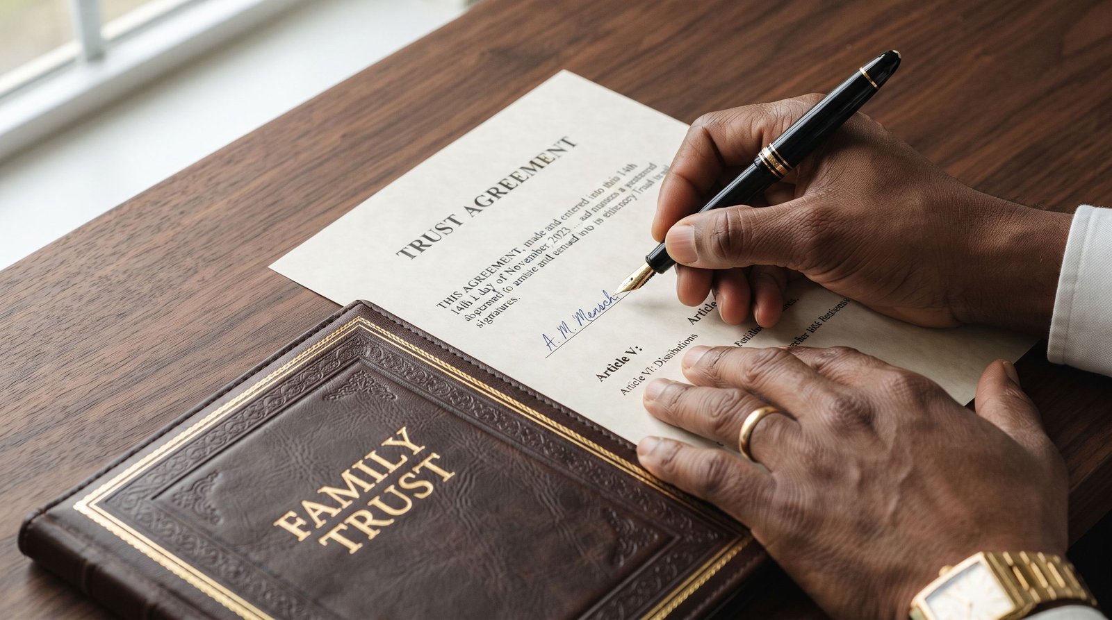 Close overhead detail of hands signing a bound family trust agreement.