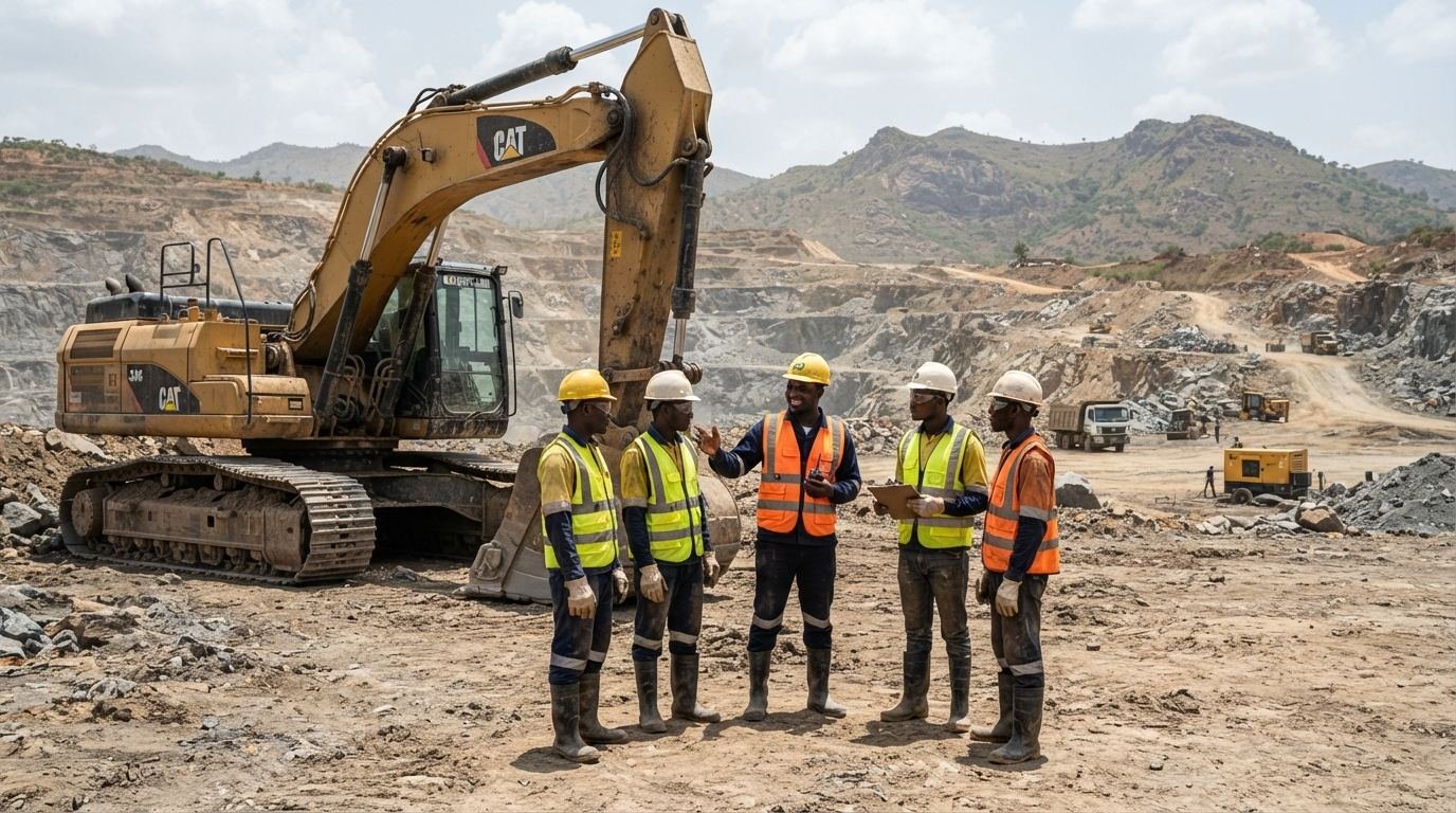 Nigerian miners in hard hats and hi-vis gear beside heavy earthmoving equipment at a solid-minerals mining site.