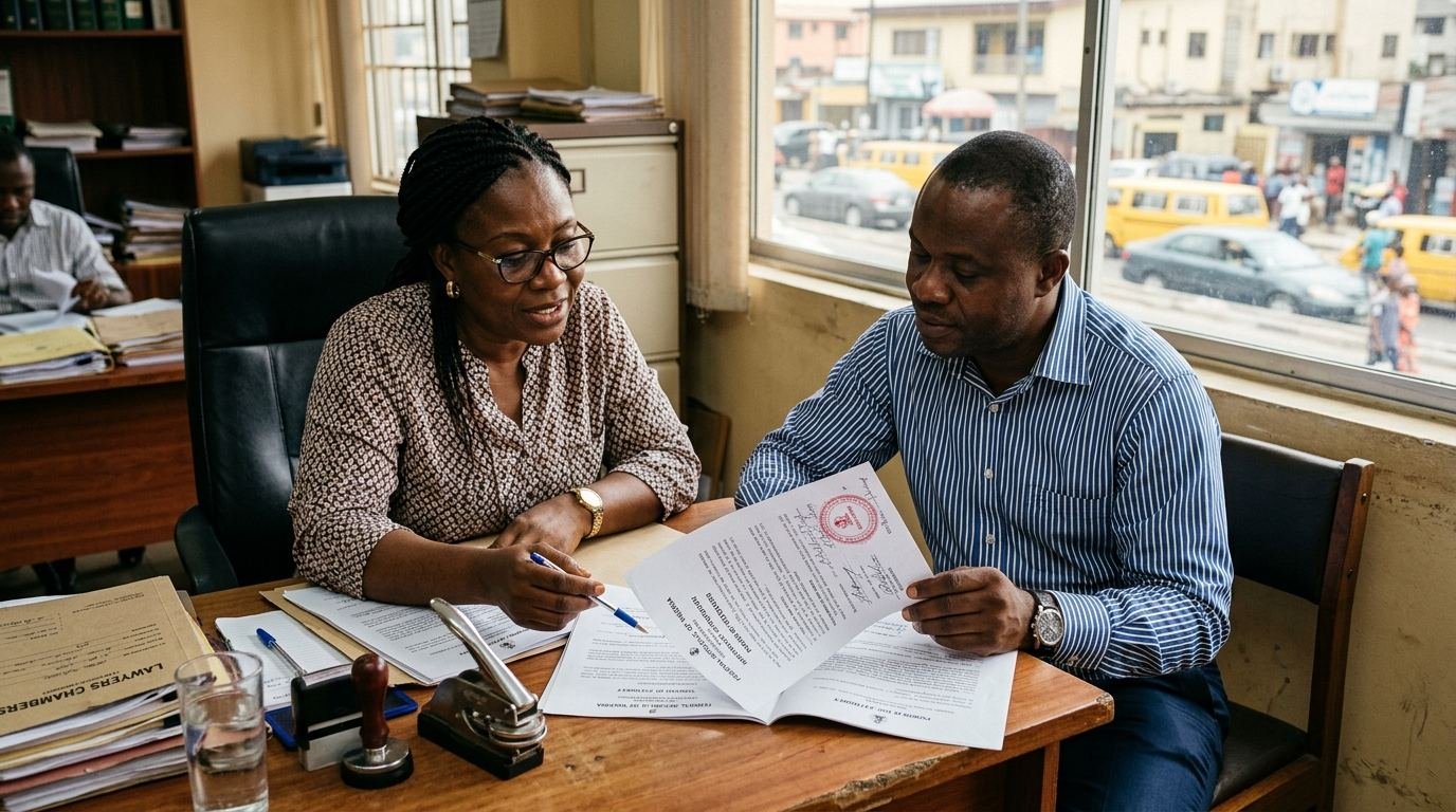 A Nigerian notary public and a client reviewing a sealed document together.