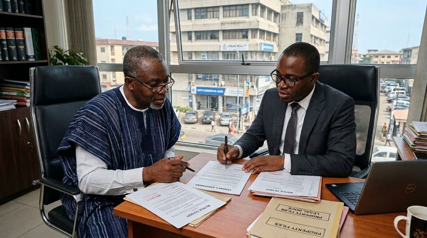 A Nigerian landlord and property lawyer reviewing a notice to quit and tenancy agreement at a desk.