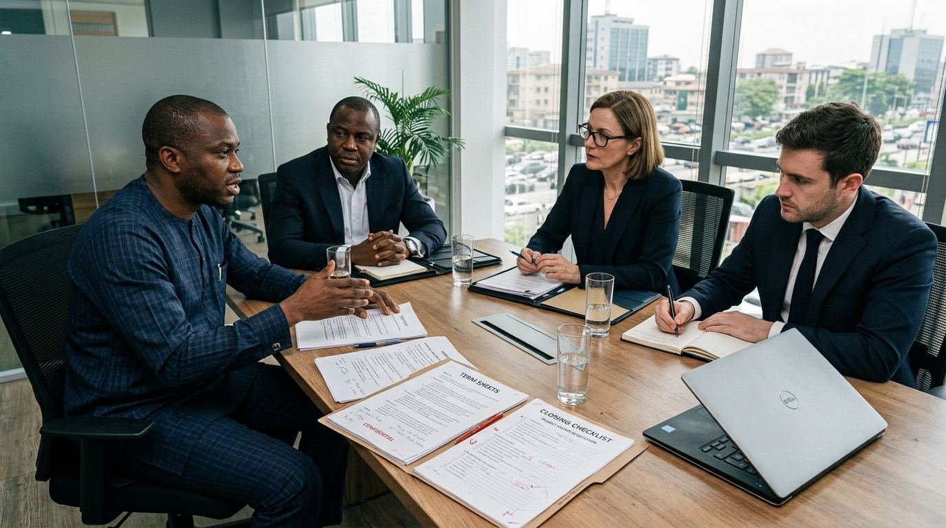 A Nigerian founder negotiating a term sheet and closing checklist with an acquirer's legal team.